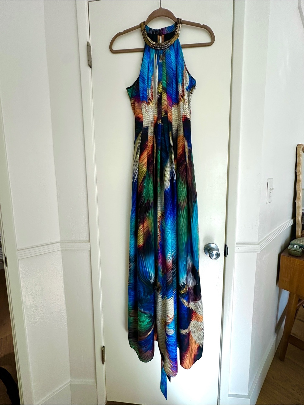 Blue Multicolor Abstract Beaded Halter Maxi Dress - Anthropologie - Picture 4 of 11